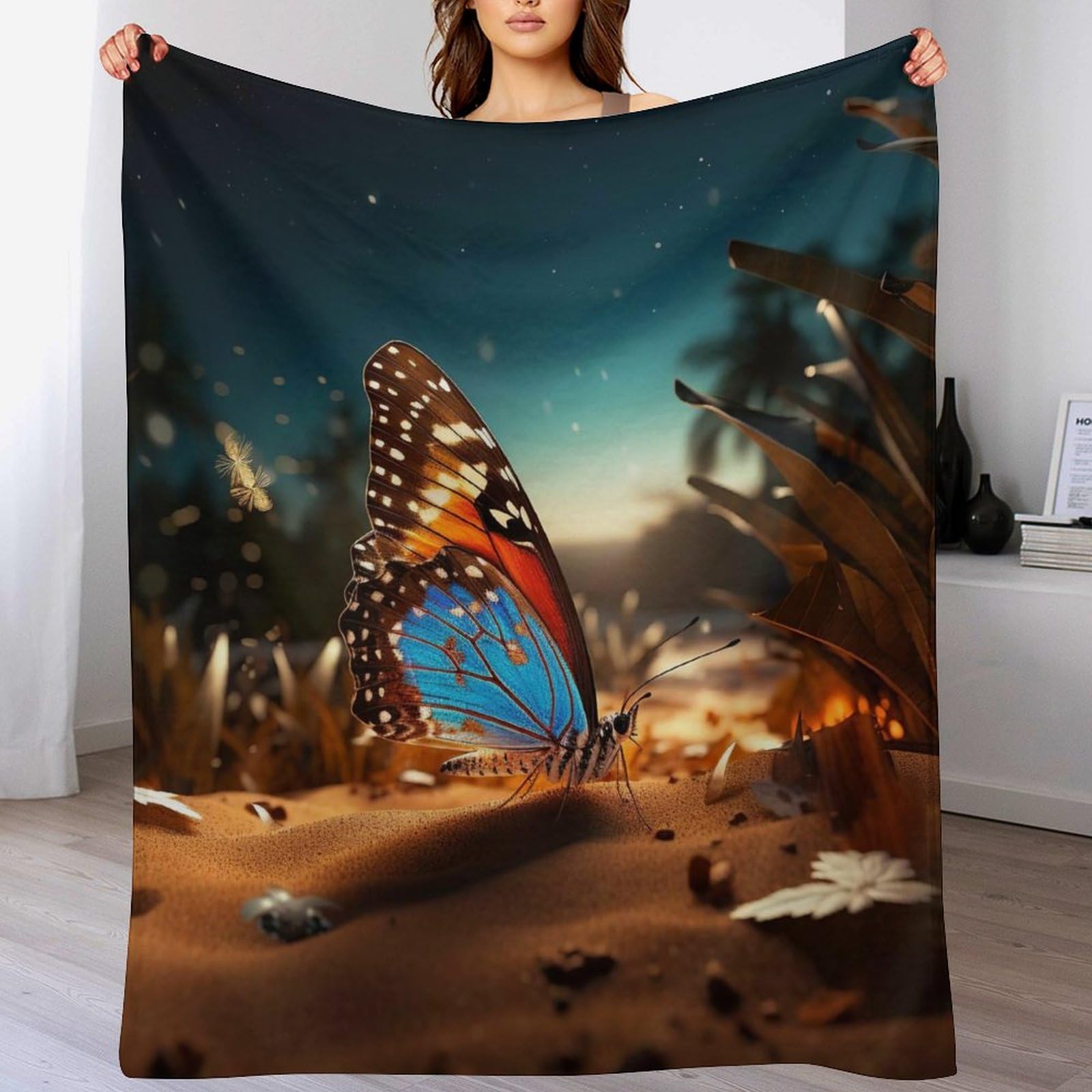 Luxury Plush Butterfly Throw Blanket, Tipped Blanket, Super Warm, Flannel, Elegant, Fluffy Decoration Blanket for Sofa, Armchair, Couch And Bed,（150×200cm）