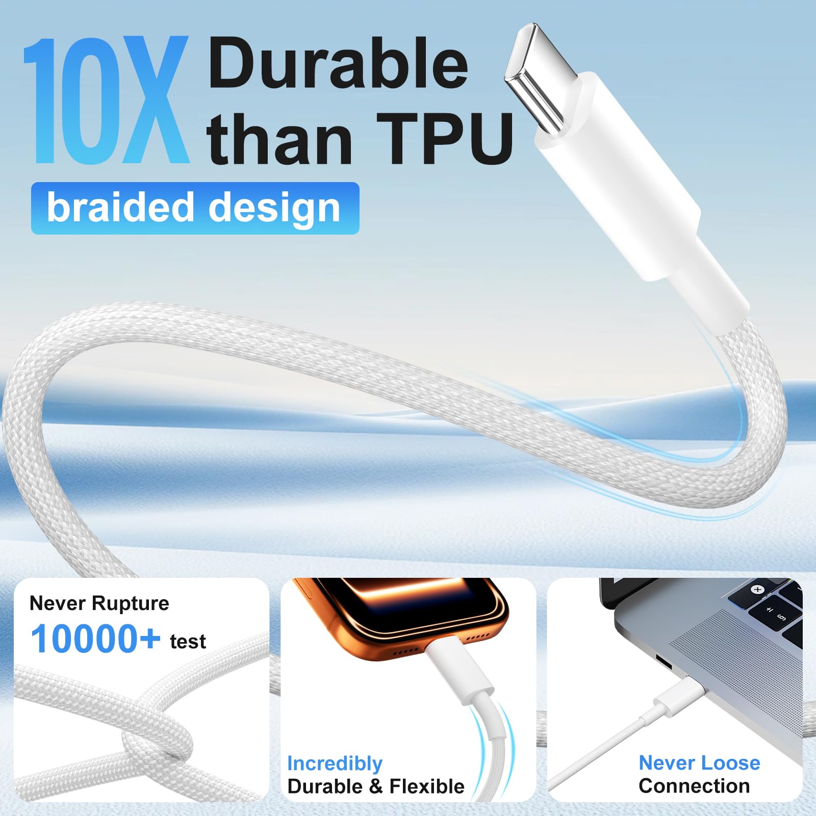 Cavo intrecciato da USB C a USB C, ricarica rapida, confezione da 4 cavi da 6,6/6,6/3,3/3,3 m, 60 W, adatto per iPhone 17, 16, 15 Pro Max, Plus, iPad, MacBook, Galaxy S25 Ultra (6,6/6,6/3,3