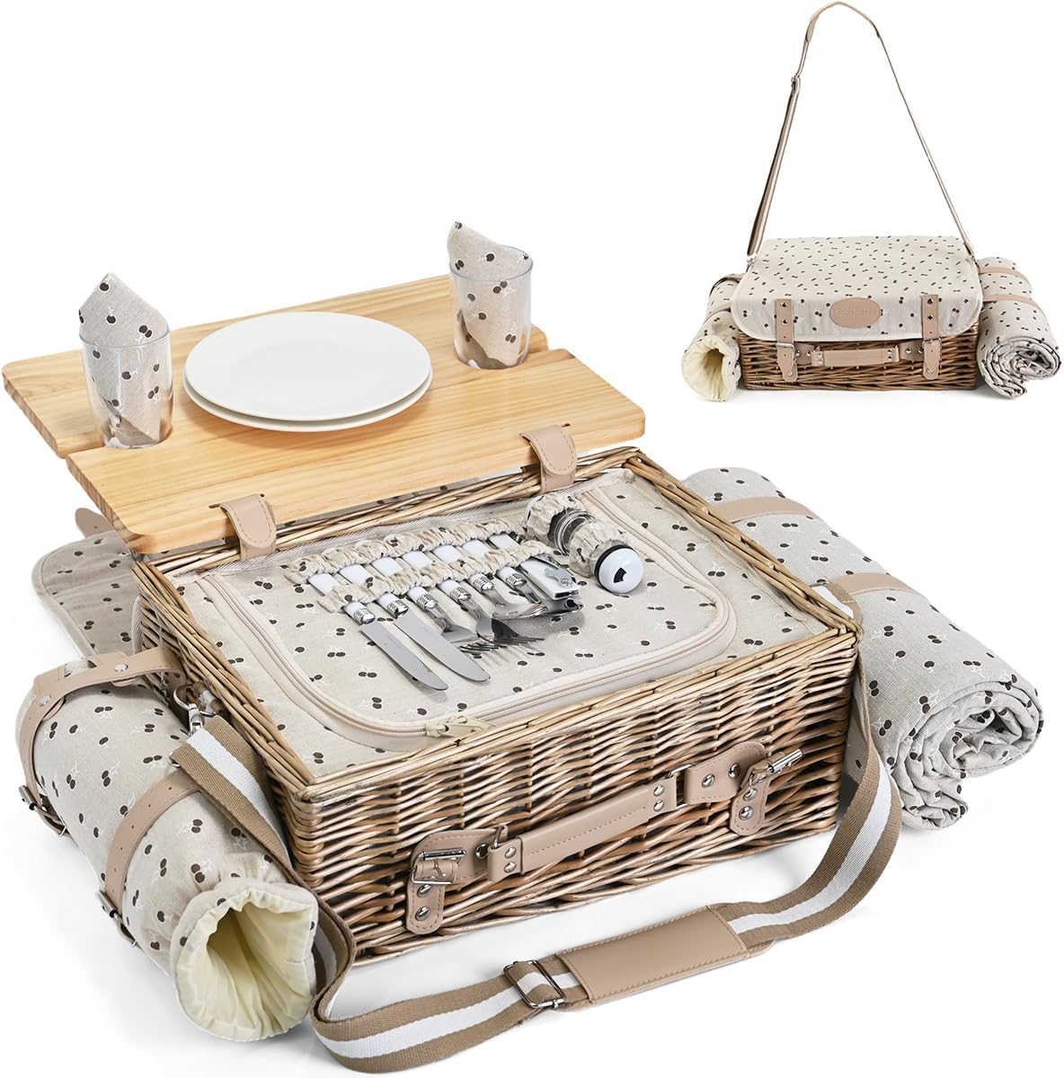 Multifunctional Wicker Picnic Basket Set for 2 with Blanket and Picnic Table, Insulated Picnic Set with Full Tablewares for Camping Outdoor Couples,Cherry