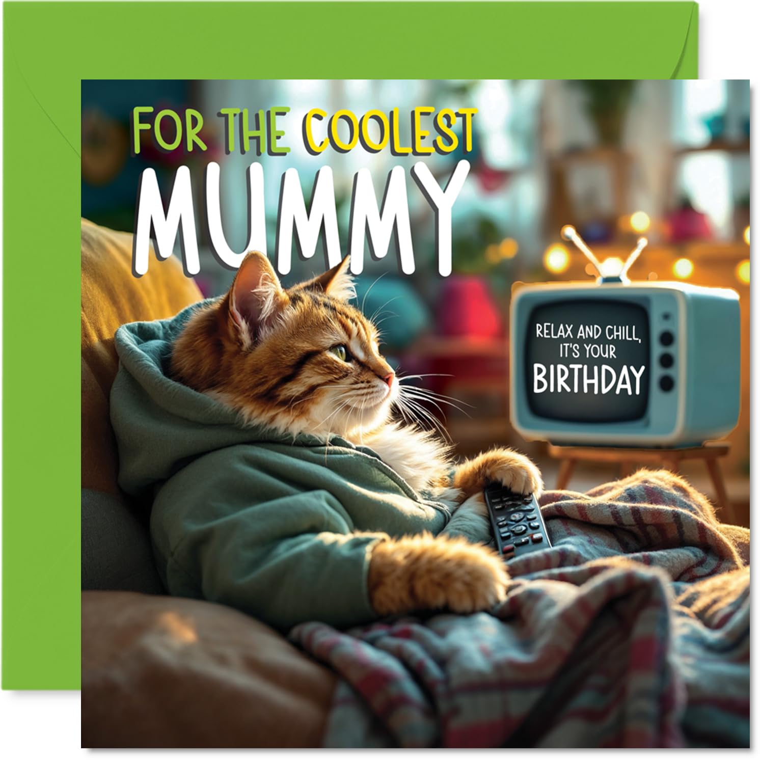 Mummy Birthday Card - TV Cat - Happy Birthday Card for Mummy from Son Daughter, 145mm Cat Celebration Bday Greeting Cards