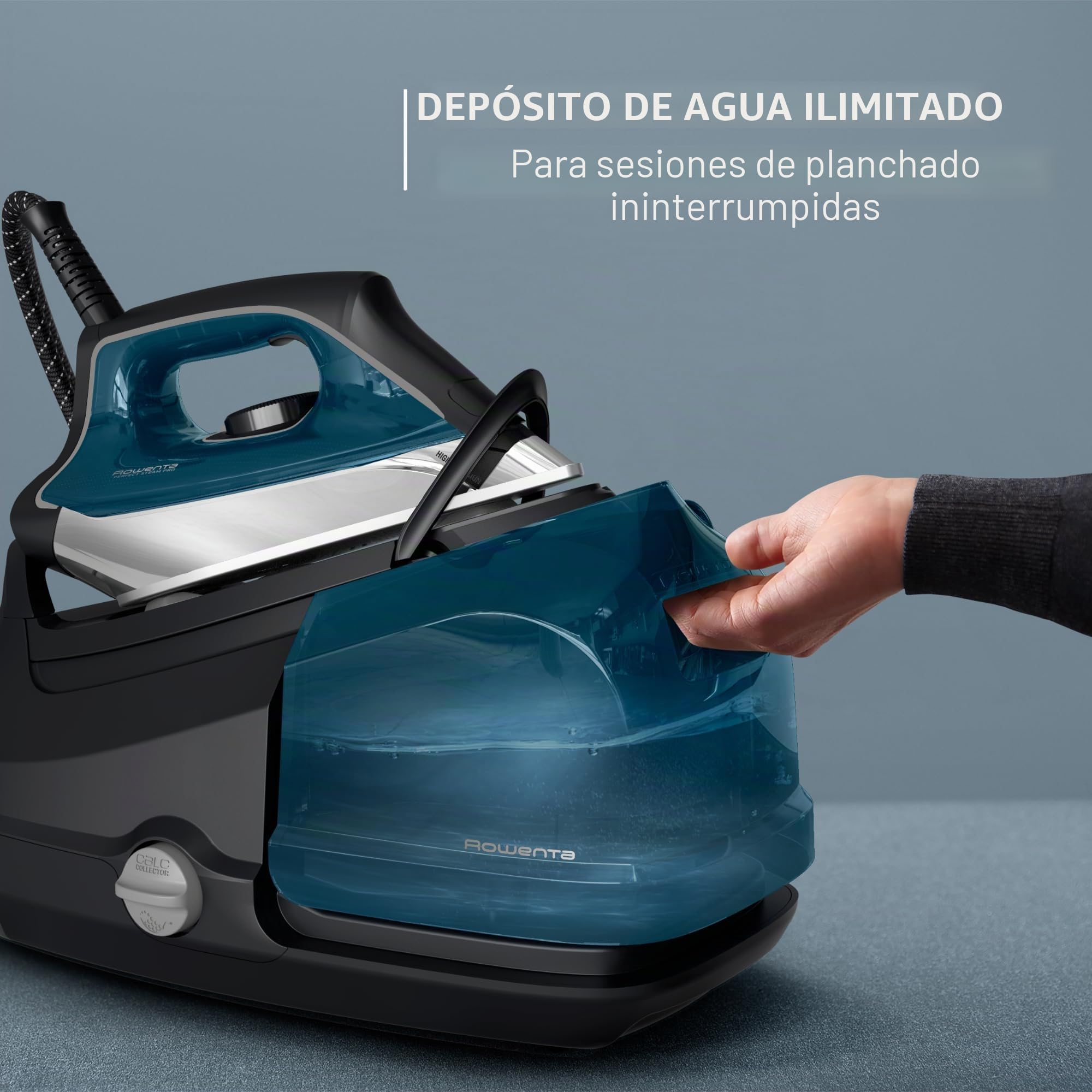 Rowenta, Plancha, base de acero inoxidable profesional para ropa, tanque extraíble de 1,1 L, calentamiento rápido, 1800 vatios, plancha azul para ropa, DG8624