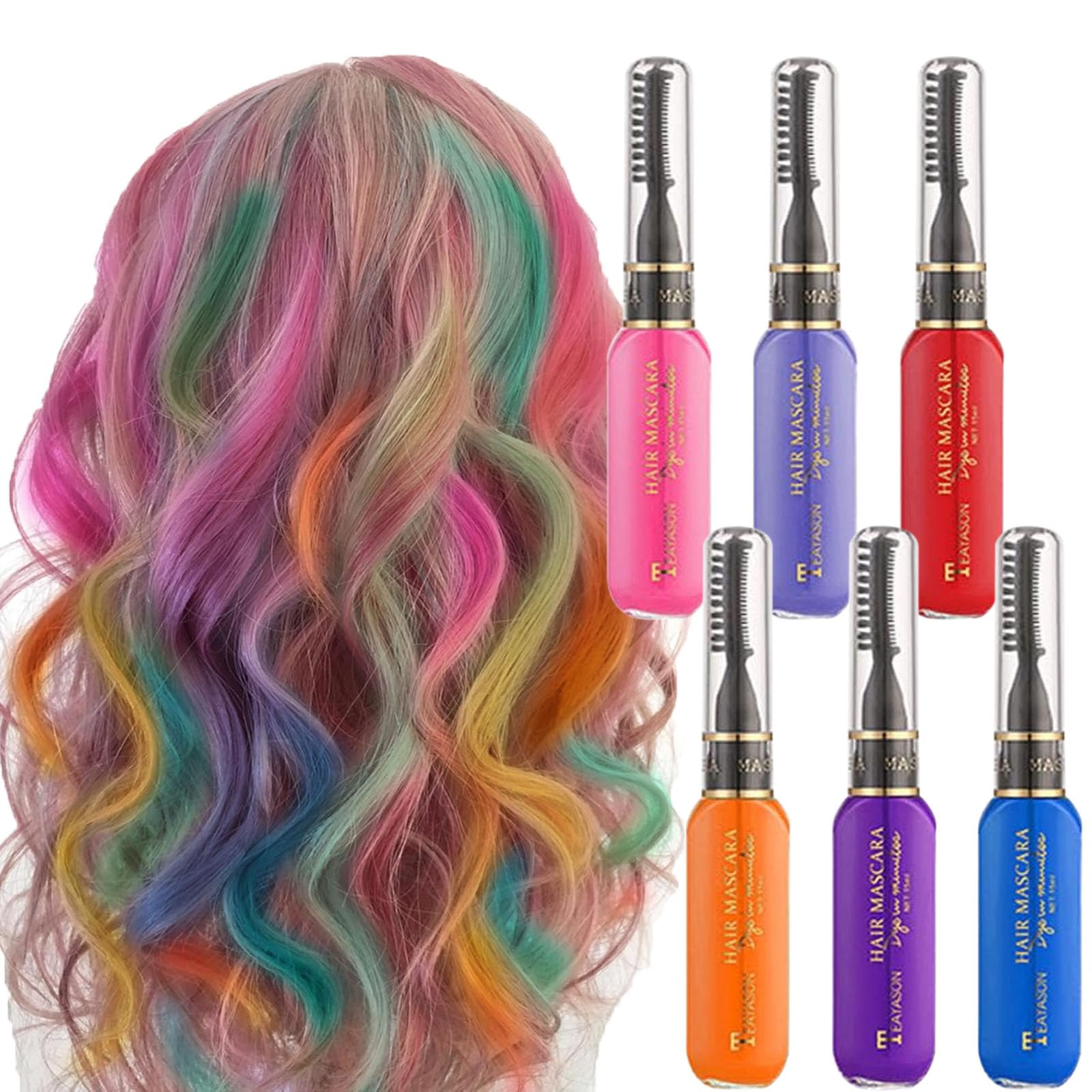 6PCS Instant Hair Colour Dye Temporary Hair Mascara, Haarkreidekamm Temporäre Haarfarbe für Mädchen, Washable Rainbow Hair Chalk for Birthday Cosplay DIY (A, M)