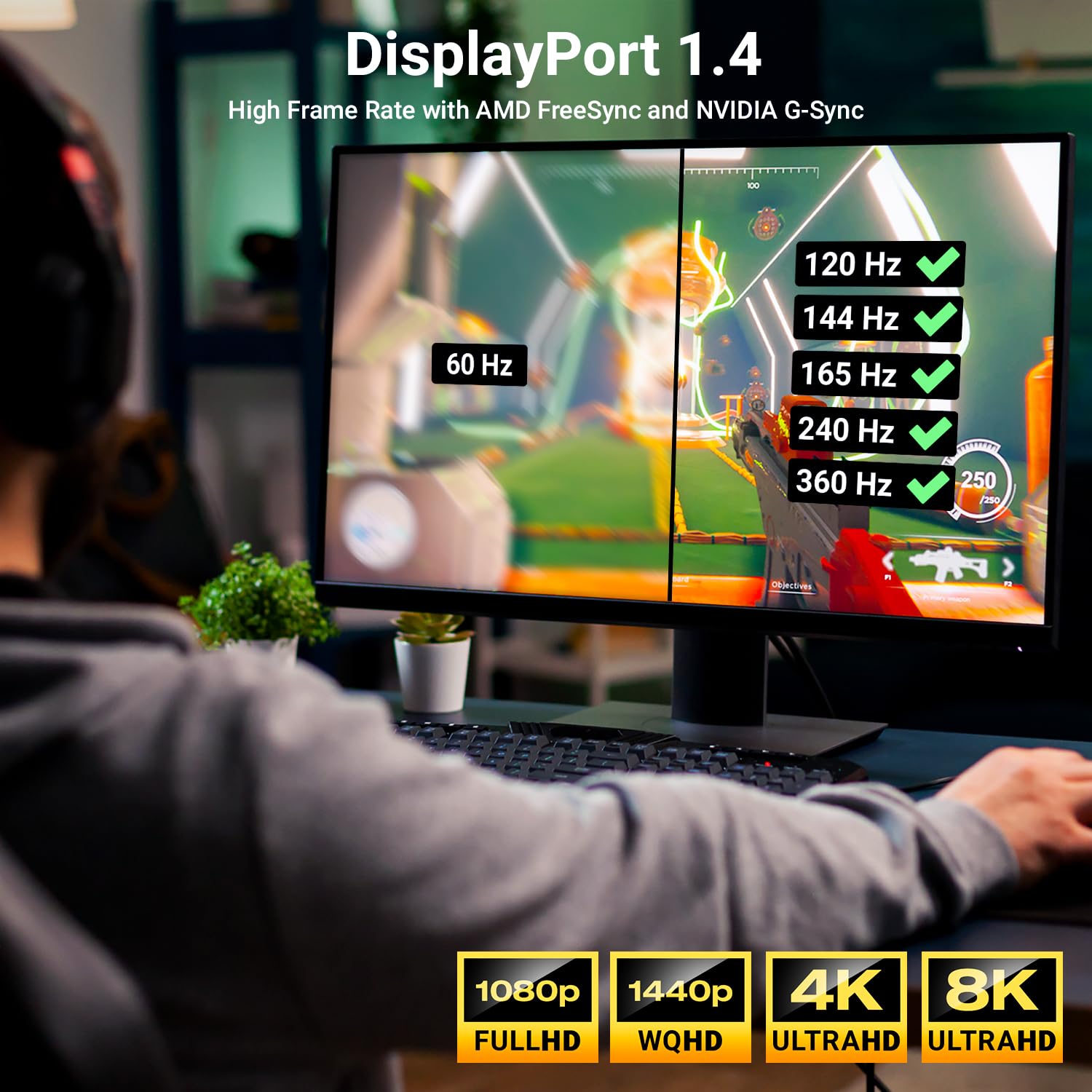 deleyCON 3,0m Cable DisplayPort 1.4 8K - 1080p a 8K - Ideal para Monitores Gaming Hasta 360Hz PC HBR3 DSC HDR10 - Blanco