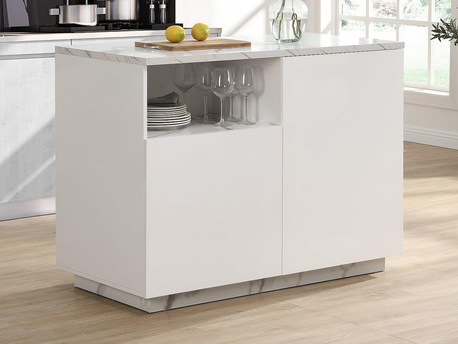 Venta-Unica - Isla de Cocina con 2 Puertas y 1 Estante de MDF - Efecto m·rmol Blanco - CORELINA