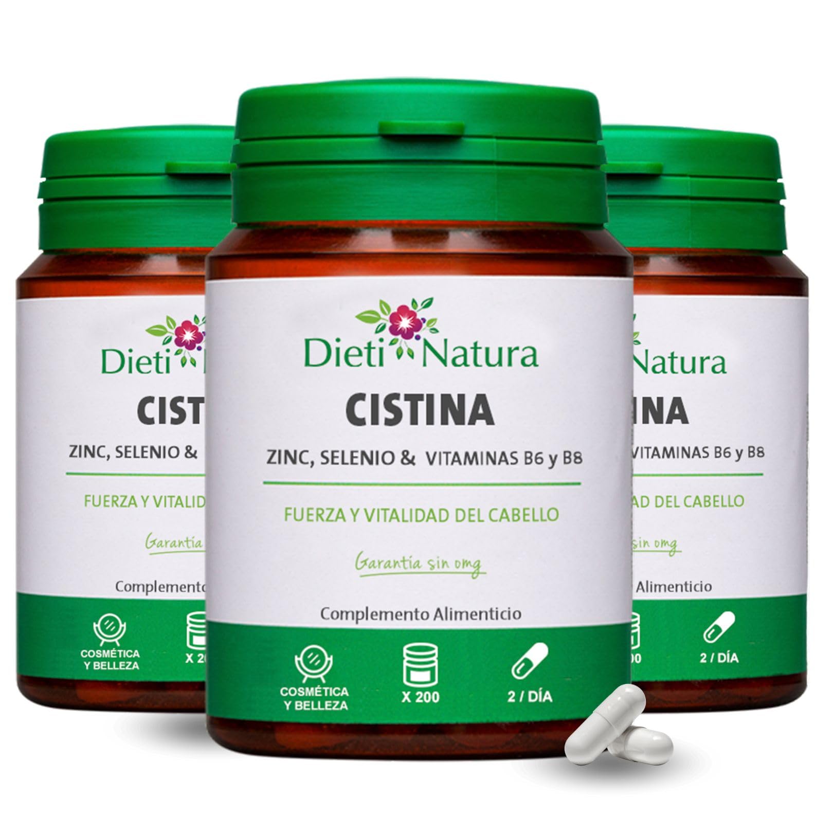 Dieti Natura 200 Cápsulas de Cistina para el Cabello con Vitamina B6 - Vitaminas para el Cabello Mujer y Hombre - Previene la Caída del Cabello - Hair Vitamins (600 Cápsula)