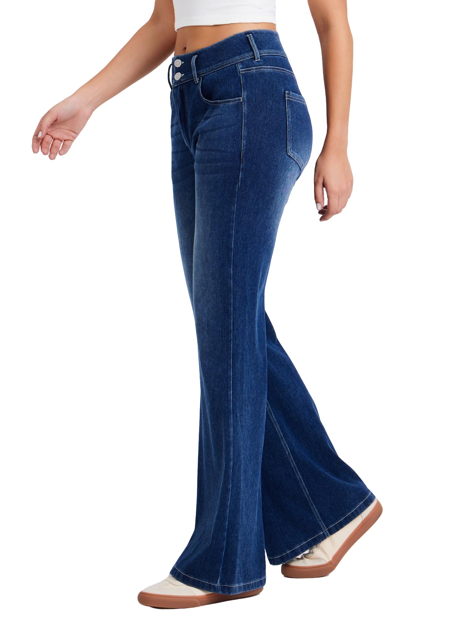 LaiEr Jeans à Jambe Large pour Femmes,avec Design de Devant à Boutons Doubles et Fermeture éclair,Coupe Ample,Pantalon en Denim à Haute élasticité adapté