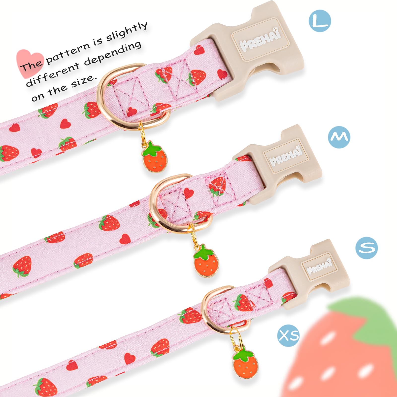 PREHAI Pink Strawberry Dog Collar Sweet Spring Summer Collars with Cute Strawberries Pattern for Female Girl Small Medium Large Dogs S - 4