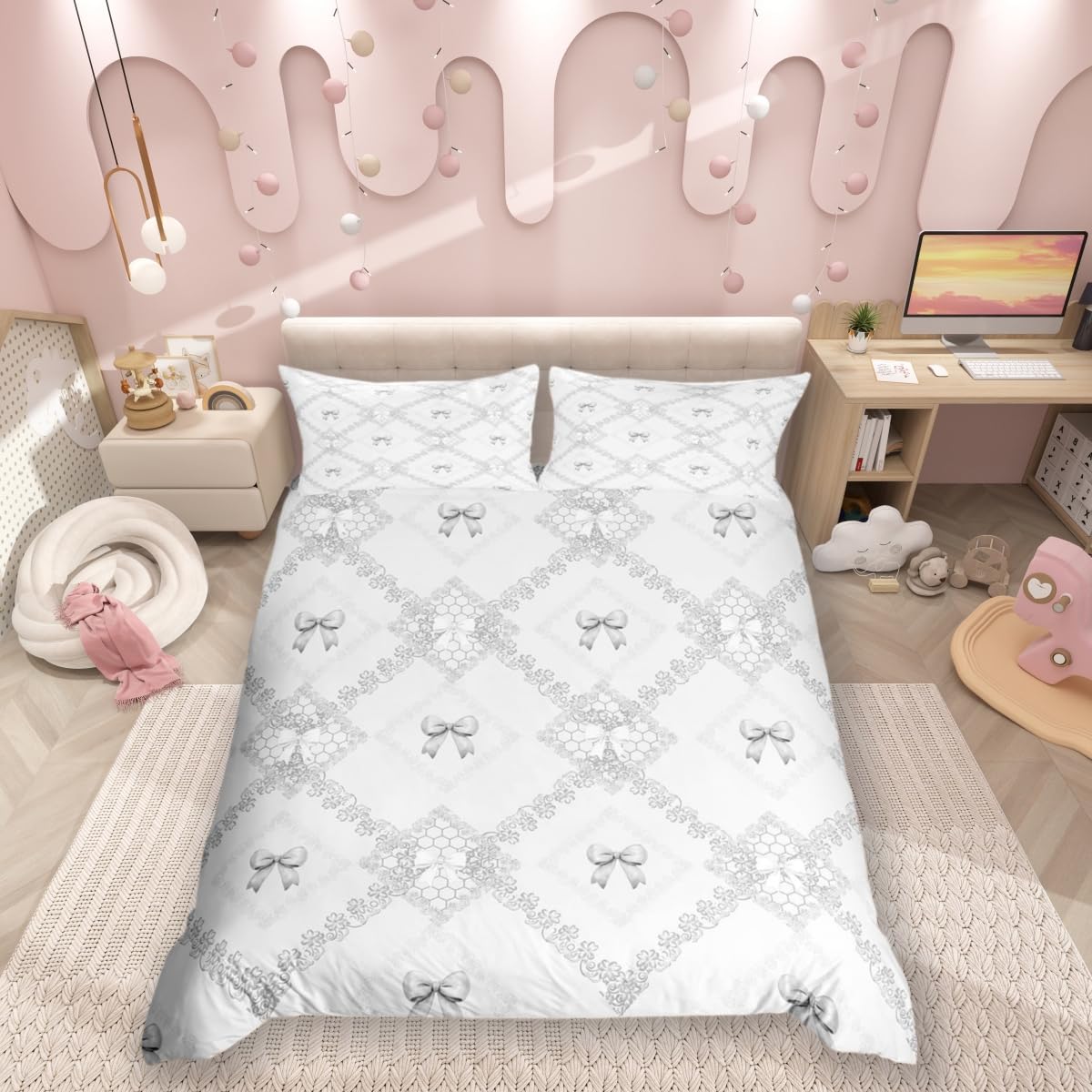 Feelingyou Gray Bowknot Duvet Cover Set Double Size,Dreamy Princess Bow Lace Bedding Set,Western Mandala Floral Grids Diamonds Patchwork Quilt Cover For Teens, Comforter Cover(No Filler),3 Pcs