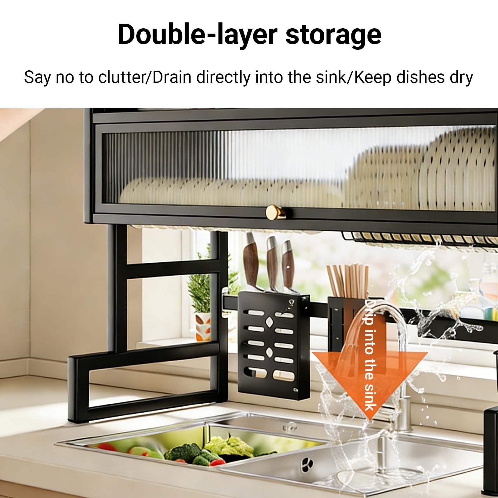 Großer Abtropfständer für die Spüle mit Deckel, 2-stöckiger Küchenorganizer, staubdichter Abtropfständer mit Besteckhalter (Schwarz, 75 cm/29,5 Zoll)