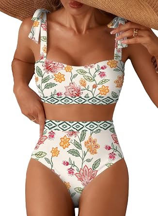 Herseas Womens Tie Shoulder Bikini Sets 2 Piece High Waisted Swimsuits