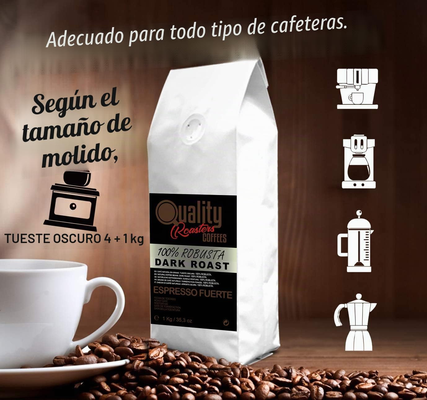 Café en grano natural "Espresso Fuerte". Dark Roast. 100% Robusta. Tostado artesanal. Tueste Oscuro. (4 Kg)