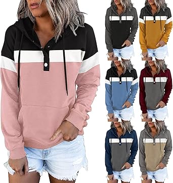 Onsoyours Sudaderas Mujer Con Capucha Suelta Bloque De Color A Rayas Camiseta De Manga Larga Túnica Suéter Con Cordón Tops Con Bolsillos Z4 Blanco XS