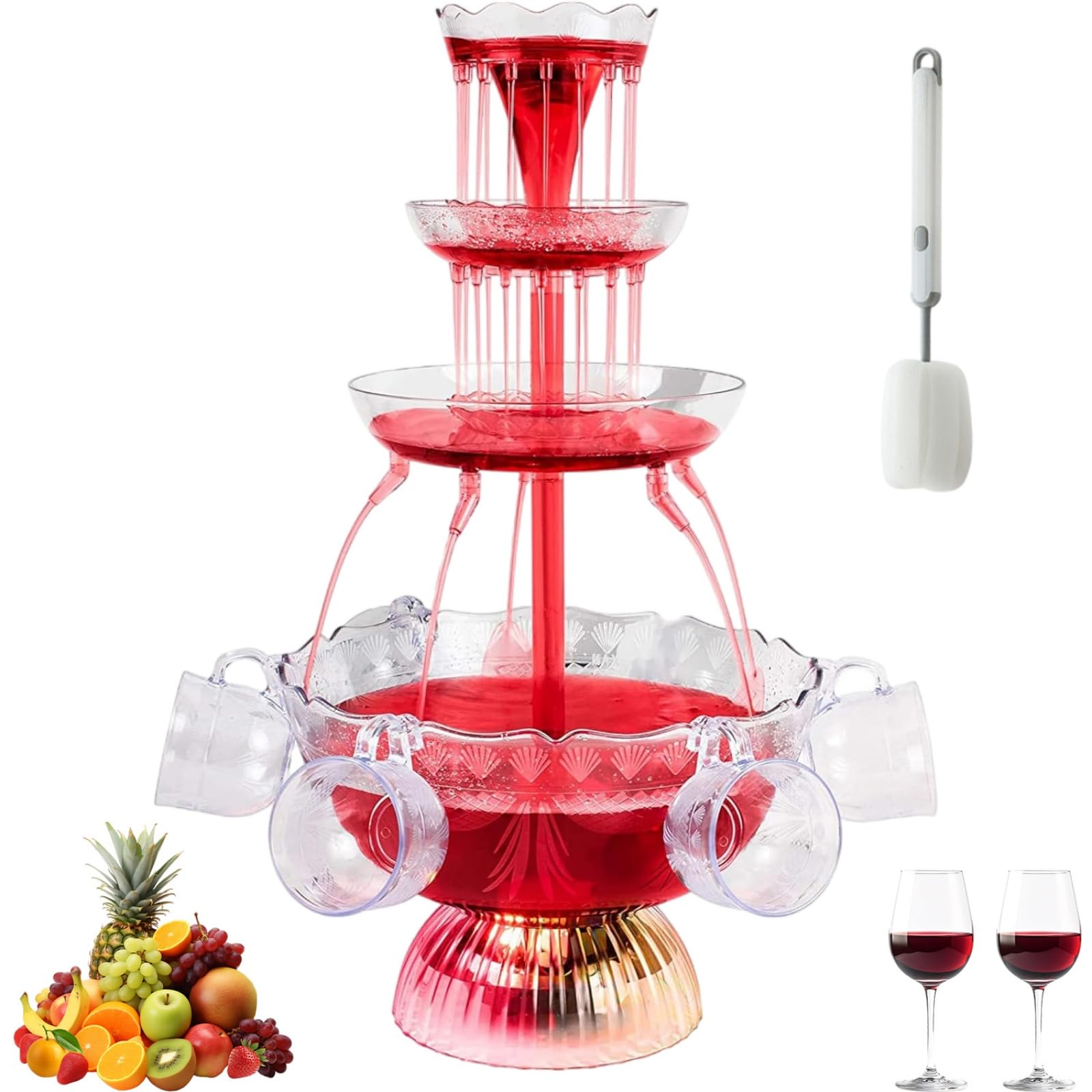 Fontaine de Fête Transparente à 3 Niveaux avec Brosse, Fontaine Cocktail avec 5 Gobelets Réutilisables, Socle éclairé par LED pour Jus et Vin pour Pubs, Fêtes à la Maison et Fêtes d'anniversaire