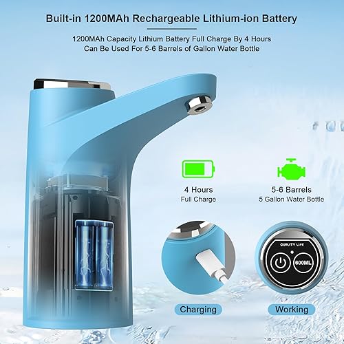 Miniatura 5 de Dispensador de agua para botella de 5 galones, bomba de agua cuantitativa de 20.3 fl oz, luz de potencia de 2 colores, bomba de botella de carga USB