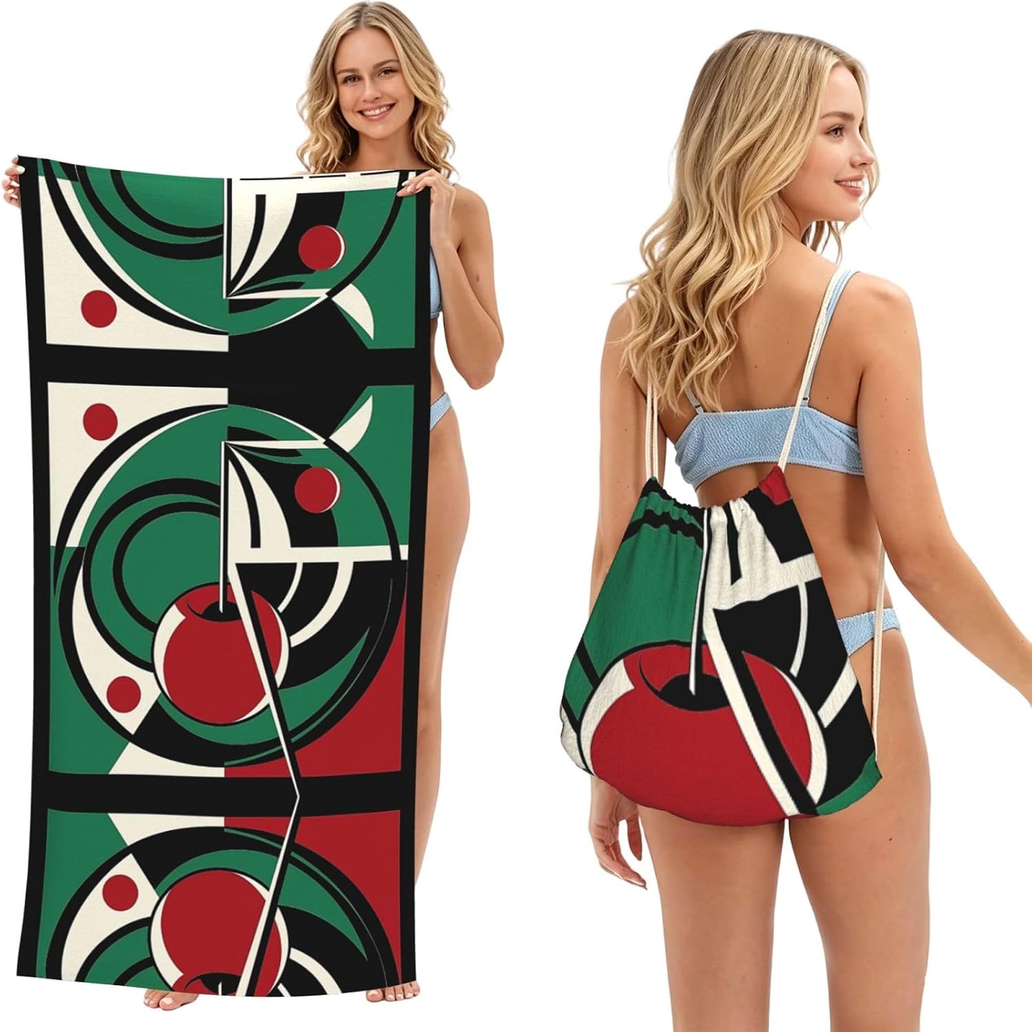 2 in 1 Packable Towel Bag,Soft Absorbent Pool Towels Backpack Quick Dry Lightweight Beach Towels Black Cherry Illustration Drawstring Bag for Travel Camping Sports Picnic