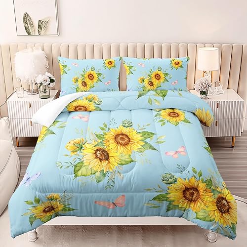 Juego de edredón azul girasol tamaño individualmatrimonial para mujeres adultas, juego de ropa de cama floral de mariposa de 3 piezas, edredones de