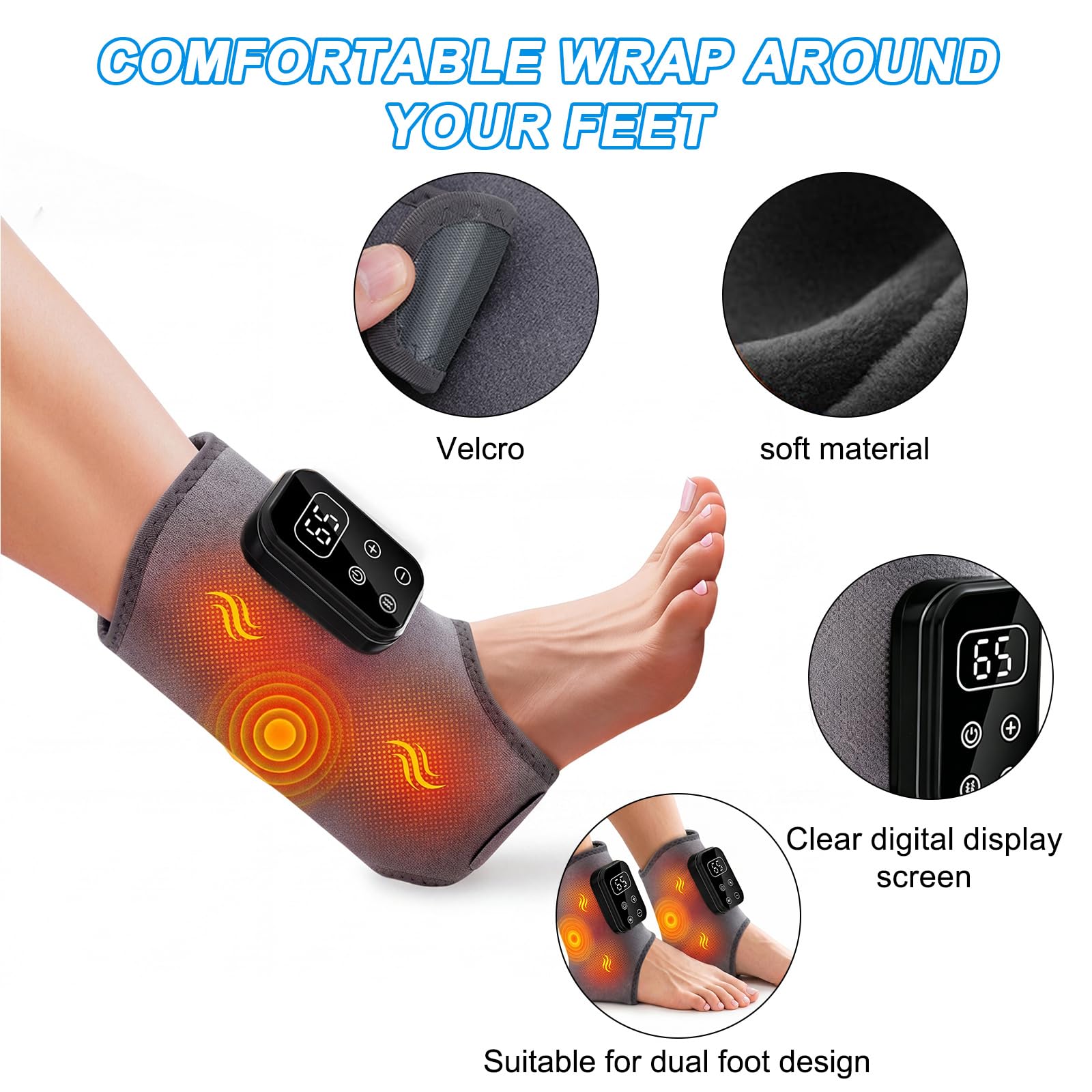 Lot de 2 masseurs de pieds avec chaleur et massage, sans fil, rechargeables avec compression, intensité réglable pour soulager la fatigue des pieds, gris