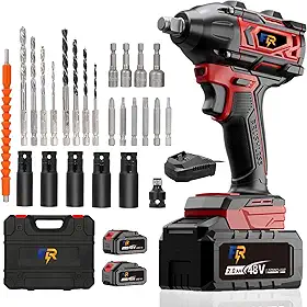 Chave de Impacto e Parafusadeira Sem Fio 48V com 2 Baterias 2.0Ah, Motor Brushless 680NM, Kit Completo para Trabalho Contínuo, Construção e Mecânica