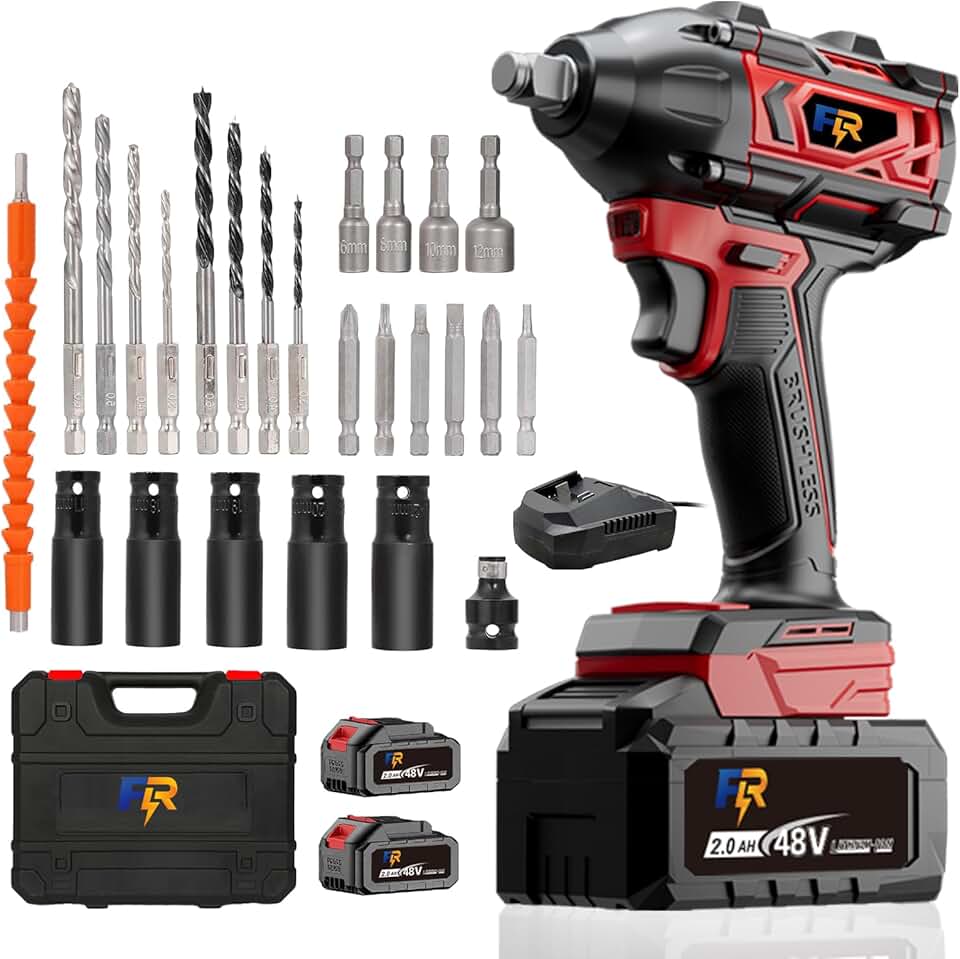 Chave de Impacto e Parafusadeira Sem Fio 48V com 2 Baterias 2.0Ah, Motor Brushless 680NM, Kit Completo para Trabalho Contínuo, Construção e Mecânica
