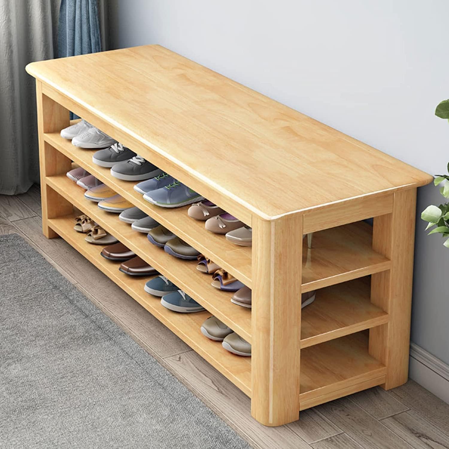 Banc à chaussures en bois massif à 3 niveaux pour rangement d'entrée