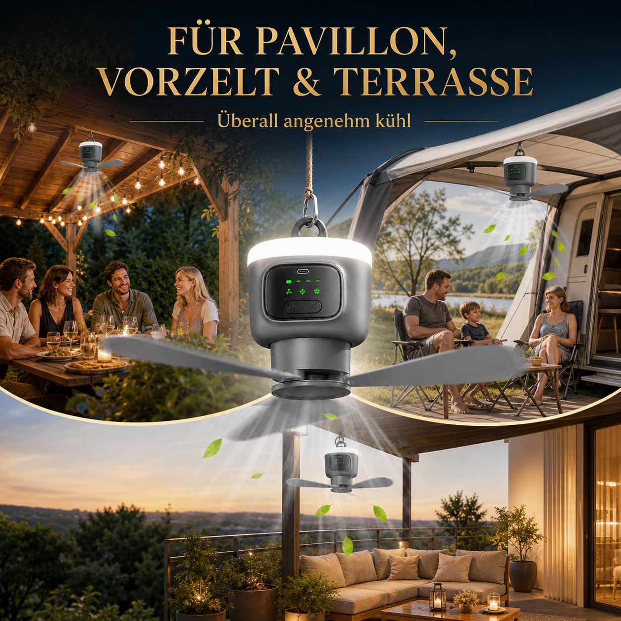 Ventilador de techo con iluminación de 45 cm, batería de 12000 mAh, portátil, ventilador de camping con luz y mando a distancia, temporizador, 3 niveles, recargable por USB, ventilador de exterior