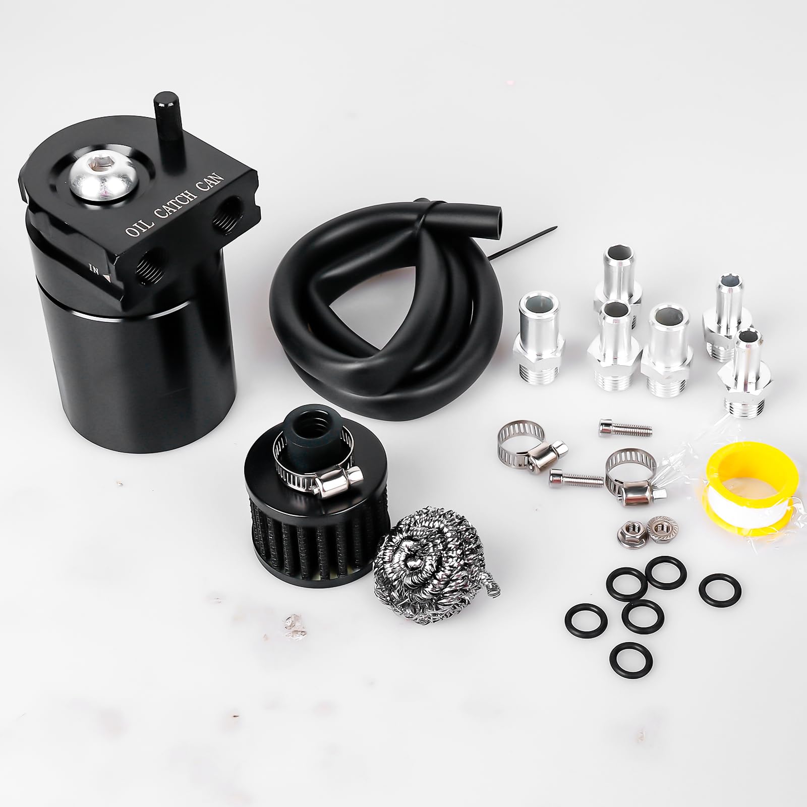 GBKDQQ Oil Catch Can Universal 300 ml (noir) – Réservoir séparateur d'huile avec filtre à air et accessoires, réservoir de récupération d'huile en aluminium pour voiture/moto