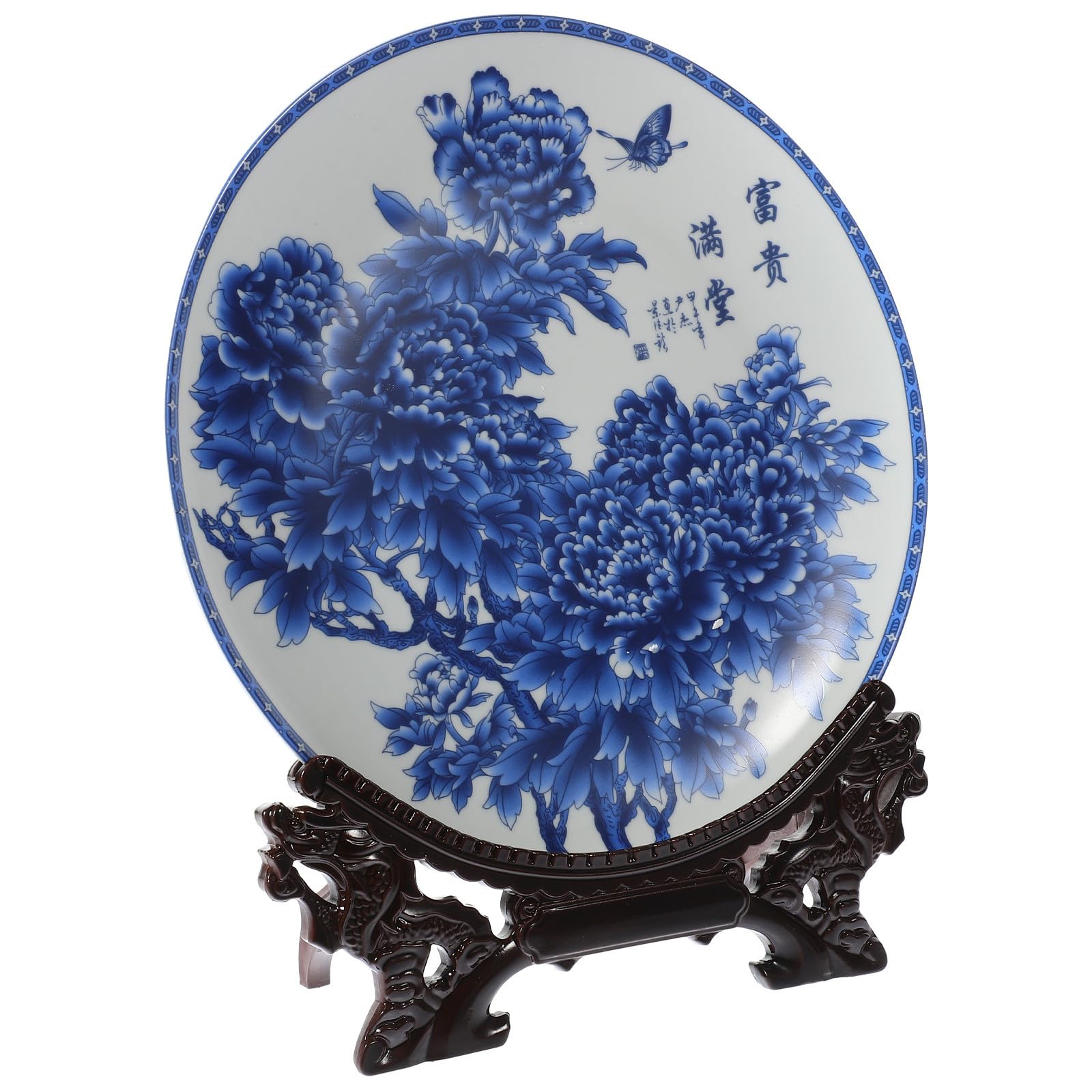 FUOYLOO Plato de Cerámica con Soporte Azul y Blanco, Decoración Artística
