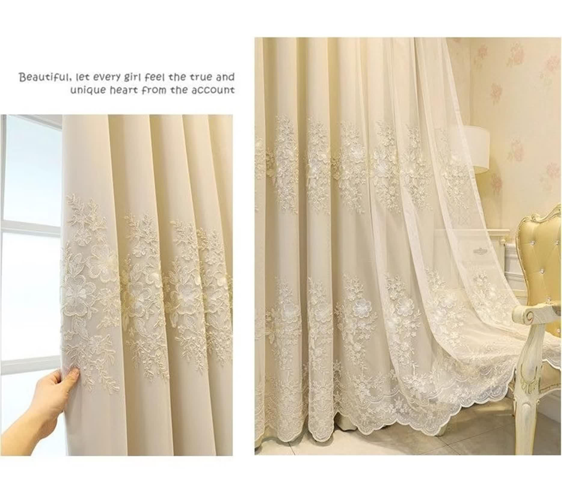 Rideaux Fenetre Chambre Lot de 2, Rideau Beige Occultant Polyester Coton Broderie en Dentelle Double Couche LxH 107x138cm