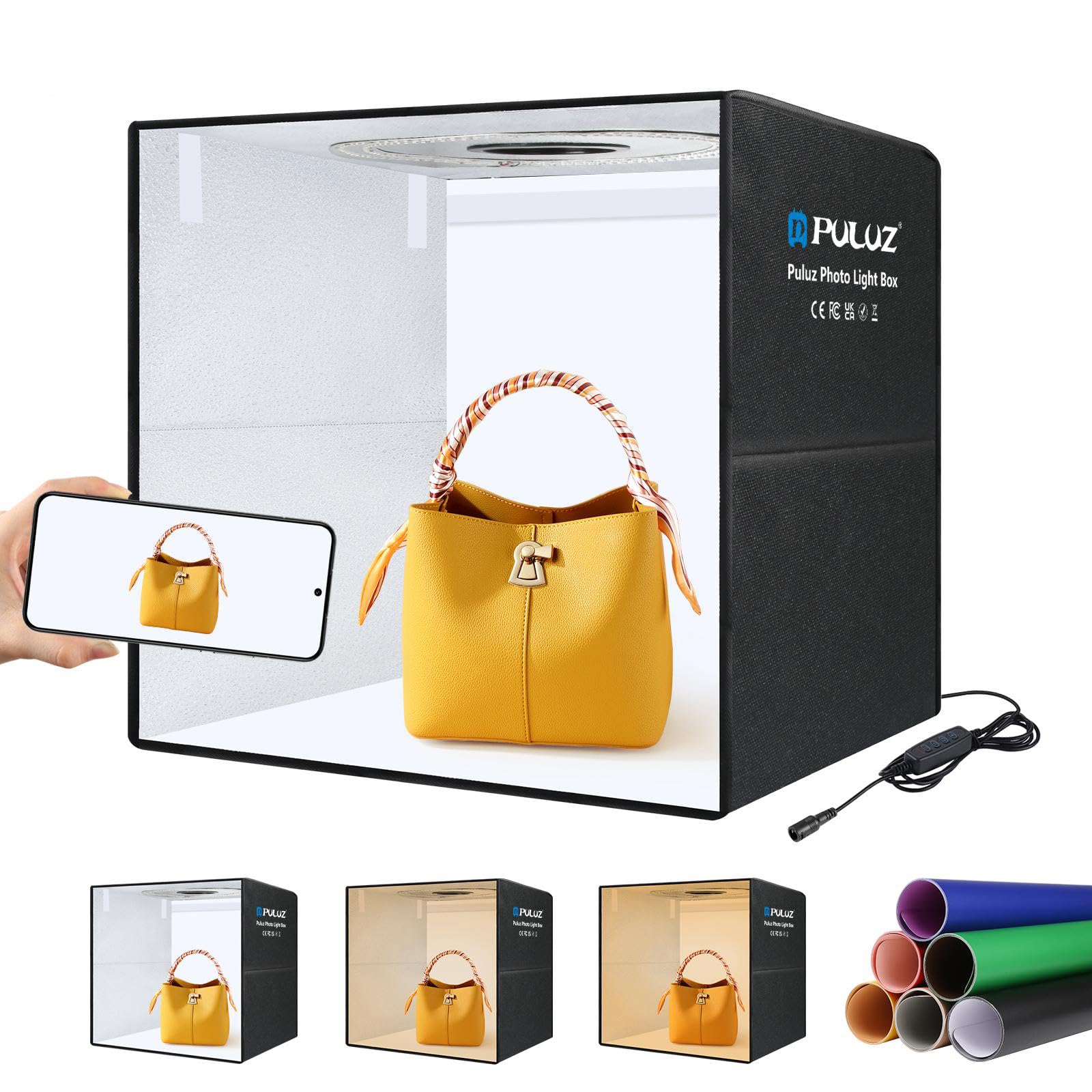 Boîte à lumière PULUZ portable pour studio photo 50,8 x 50,8 cm avec 160 lumières DEL et 12 toiles de fond colorées, kit d'éclairage professionnel pour photographie de gros produits