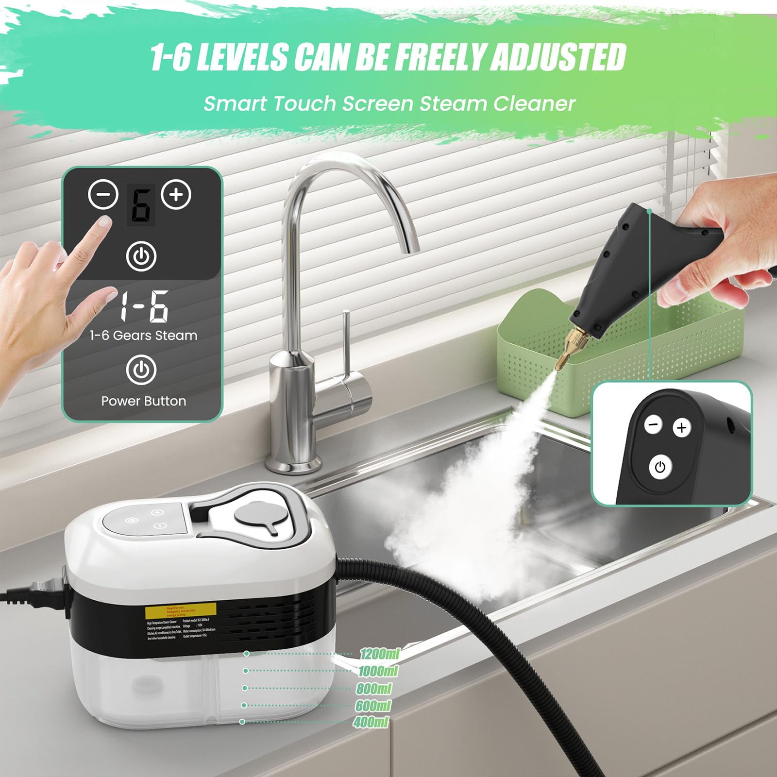 2500W Limpiador a Vapor Portátil, 4.5Bar Vaporeta Limpieza Hogar Potente, 6 Velocidades Ajustables, Calentamiento Rápido en 15s, Depósito de 1200ML, Vaporeta de Mano para Cocina, Ventanas, Pisos, Auto