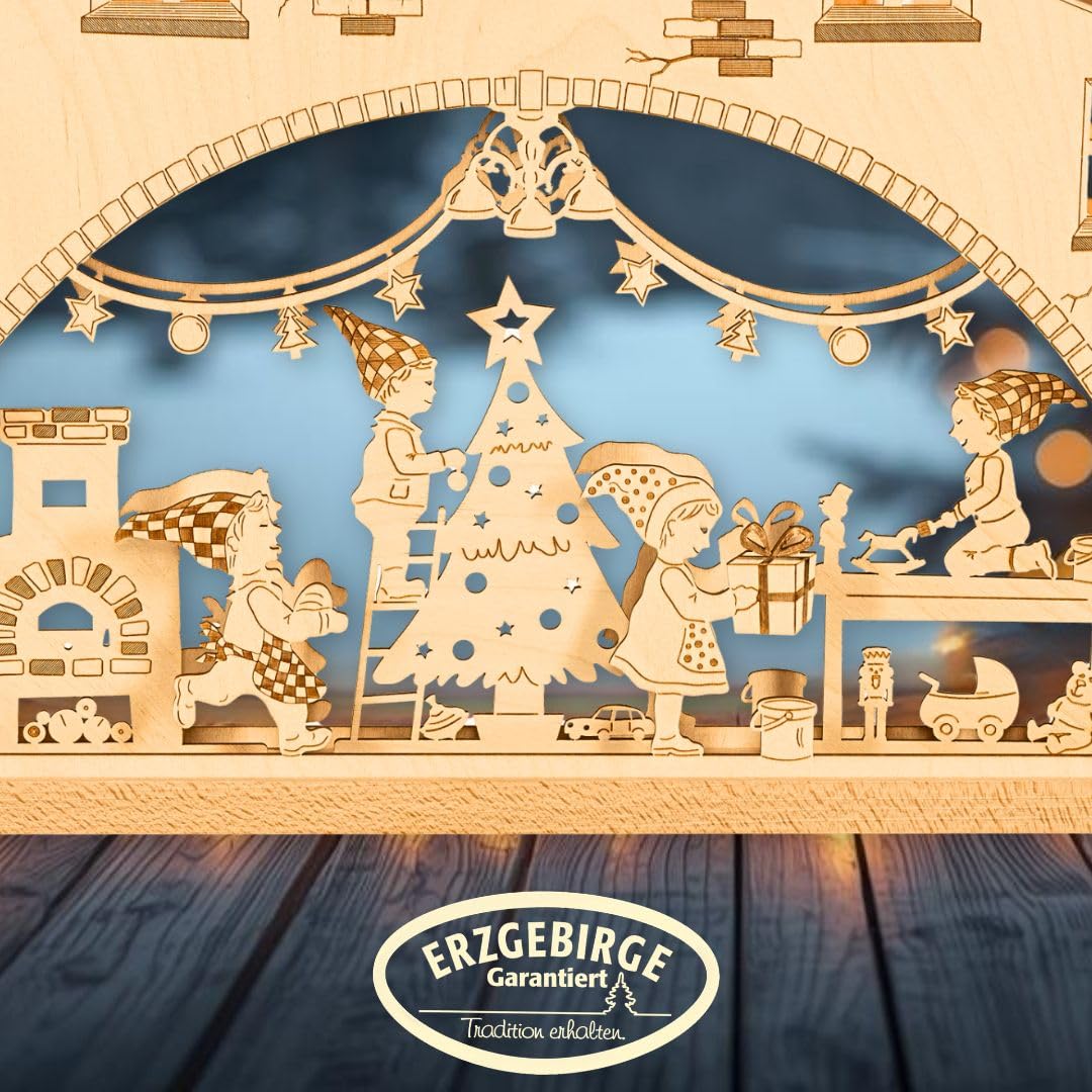 weigla - Schwibbogen original Erzgebirge I Lichterbogen Weihnachten I Motiv Wichtelwerkstatt I 7 Lampenkerzen + 1 Ersatzlampe I 7 x 34 V, 3 W, E10 I beleuchtete Weihnachtsdeko