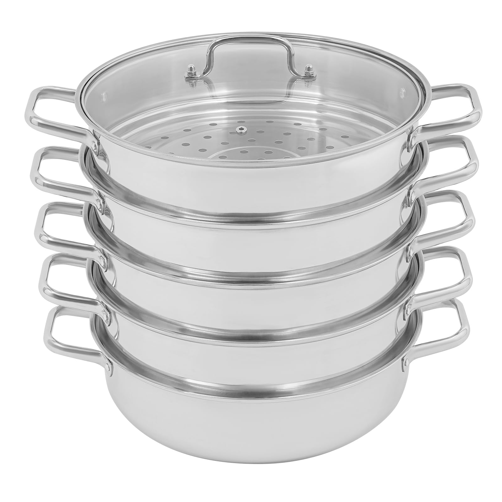 Cottura a vapore a 5 ripiani, in acciaio inox, Ø 32 cm, fornello a vapore con coperchio in vetro, pentola per piani cottura a induzione, fornello a gas, argento