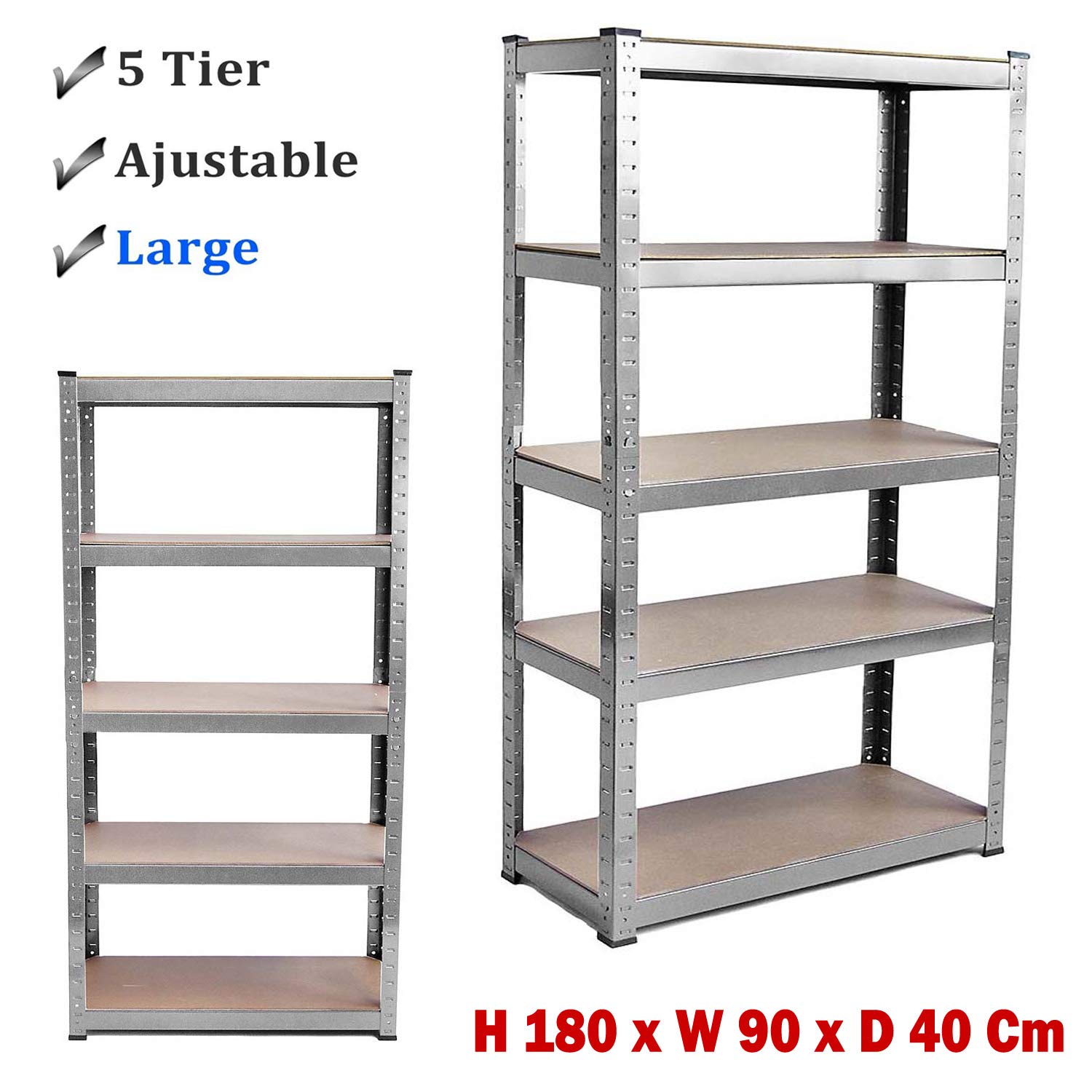 Étagère pour garage et abri de jardin – Meuble de Rangement Étagères 180 x 90 x 40 cm sans boulons en acier et panneaux MDF – Étagère réglable – Galvanisée