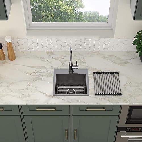 Vista 9 de Logmey Fregadero de cocina negro de 33 x 22 pulgadas, estación de trabajo SUS304, calibre 16, acero inoxidable, cuenco individual, montaje superior