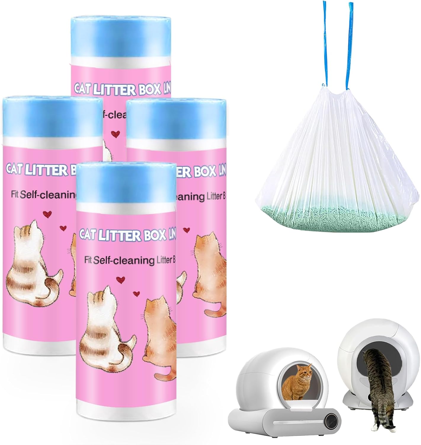 100 Count Self-Cleaning Cat Litter Box Liners Compatible With Pet Cove Automatic Cat Litter Box, 19" x 18" Drawstring Heavy Duty Kitty Litter Receptacles Bags Replacement Trash Bag