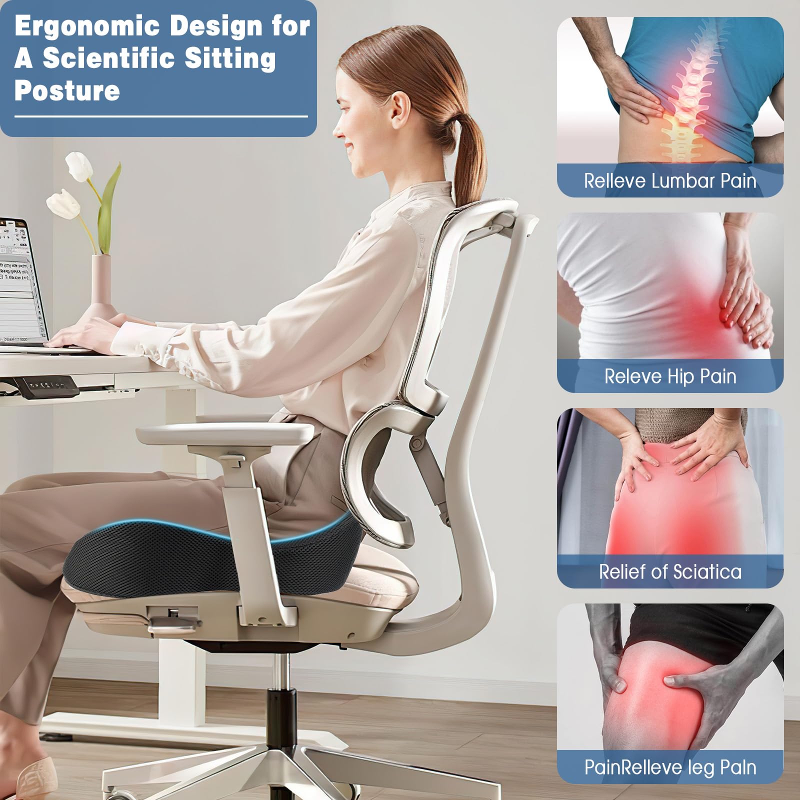Cuscino Sedia Ufficio, Cuscino Coccige Ortopedico,Cuscino Ergonomico Sedia Ufficio, Cuscino Memory Foam Sedia, Ortopedico per Alleviare la Pressione di Coccige, Sciatica, per Auto Ufficio e Sedia