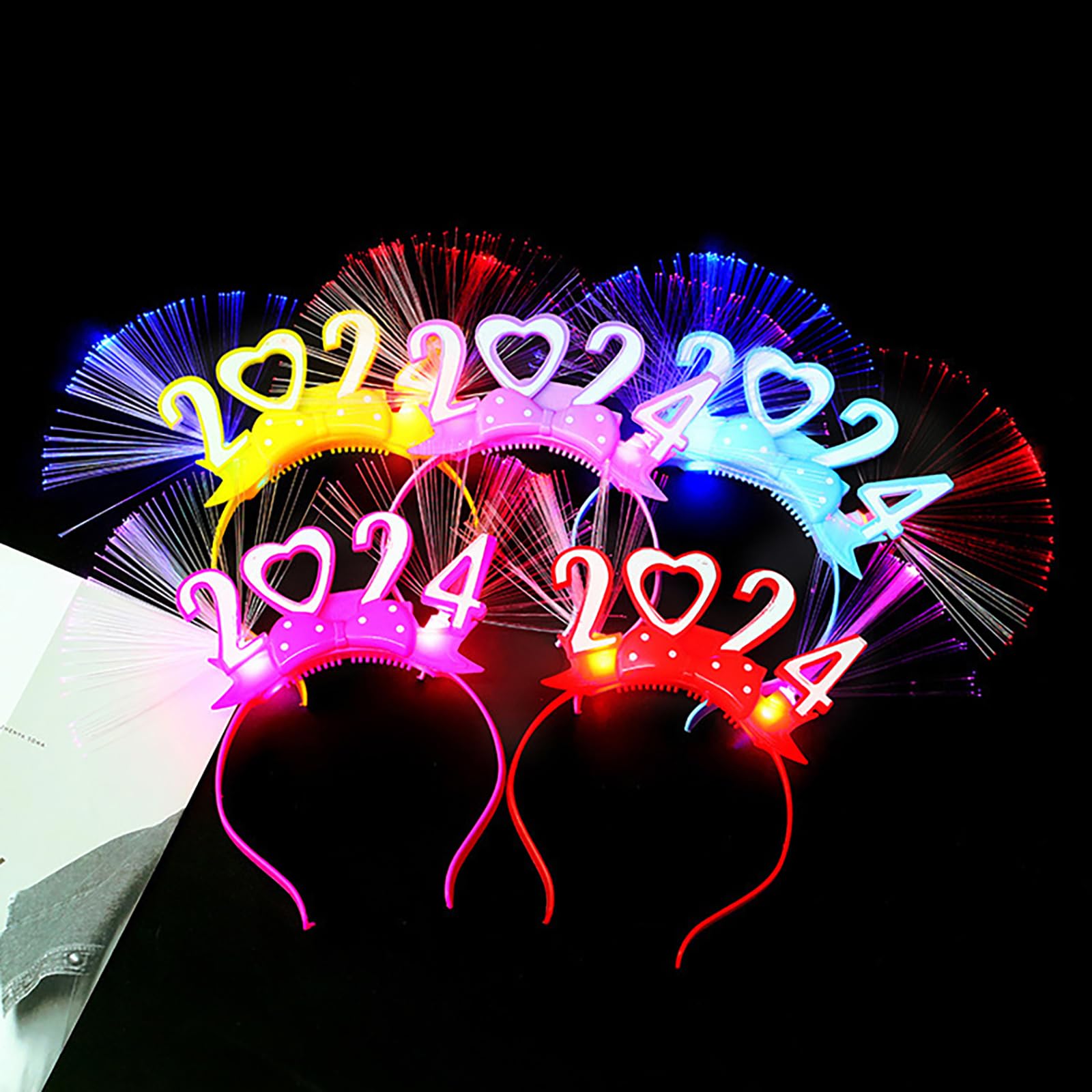4 Stück LED 'Frohes Jahr' Haarreifen | Leuchtendes Party Stirnband Für Silvester | Mit Batterien (AG13)