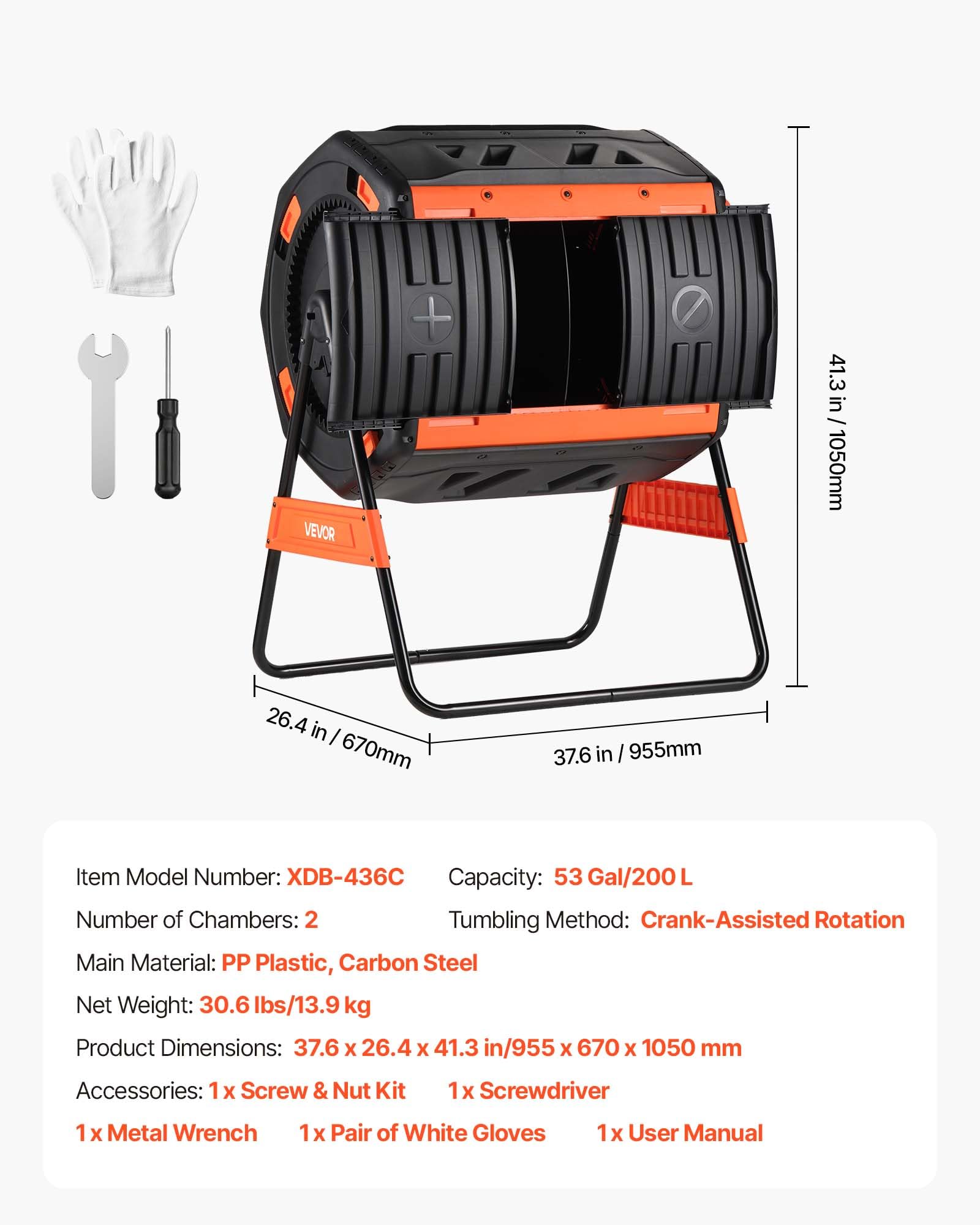 VEVOR Contenedor Giratorio para Compostaje 200 L Cámara Doble, Compostador de Compostaje Rotación Asistida por Manivela, Barril de Plástico, Estructura de Acero para Residuos de Exterior, Jardín