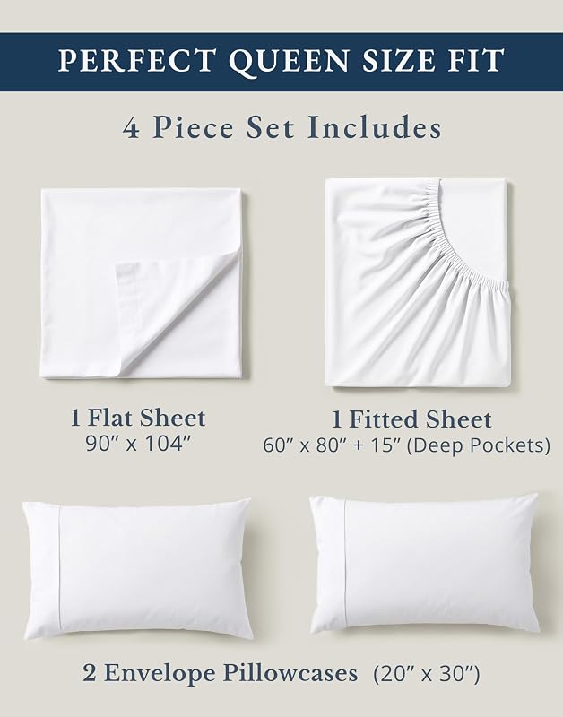 LANE LINEN Queen Sheets 100% Organic Cotton 4pc Percale Cooling - White image 4