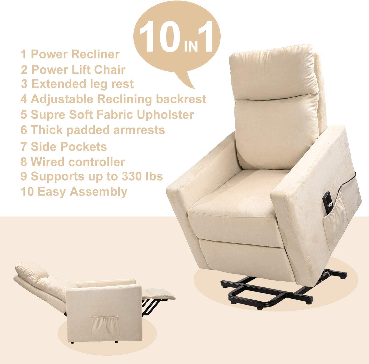 Rhomtree Power Lift Chair Recliner for Elderly Electric Living Room Chairs Fabric Padded Seat Reclining Lounge Sofa with Remote Control