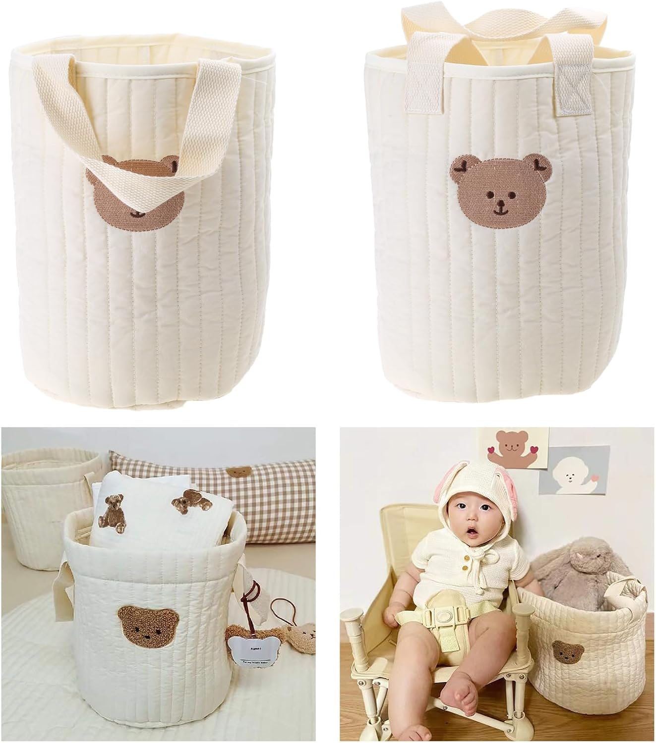 Bear Storage Bucket Beige Cotton Storage Basket Diaper Bag Large Capacity Cotton Storage Bin for Home Nursery Room, As the Picture Shows