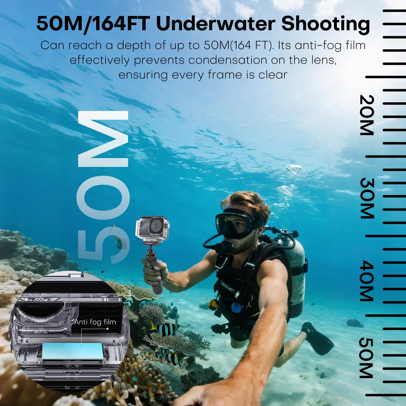 REYGEAK Wasserdichtes Gehäuse für Osmo Action 5 Pro/Action4/3, 40 m Tauch-Schutzhülle für DJI Osmo Action 4/3 Action 5/4/3 Magnetische Adapterhalterung ，Antibeschlagfolie