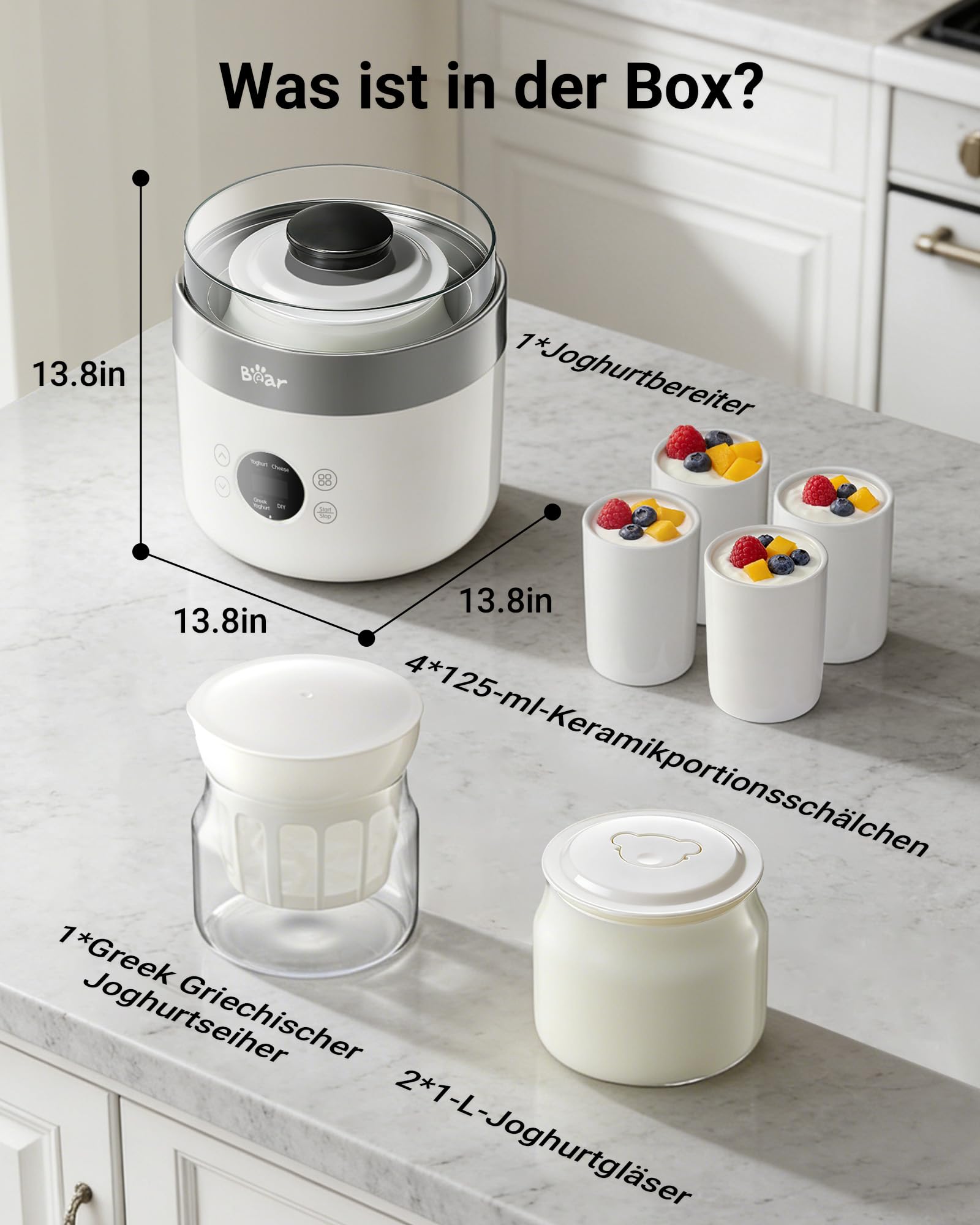 Bear Joghurtbereiter Joghurt- und Frischkäsebereiter, inkl. 4 Keramik Portionsbecher à 125 ml, 2 XXL Glasbehälter à 1 Liter, 4 voreingestellte Programme für Griechischer Joghurt, Käse