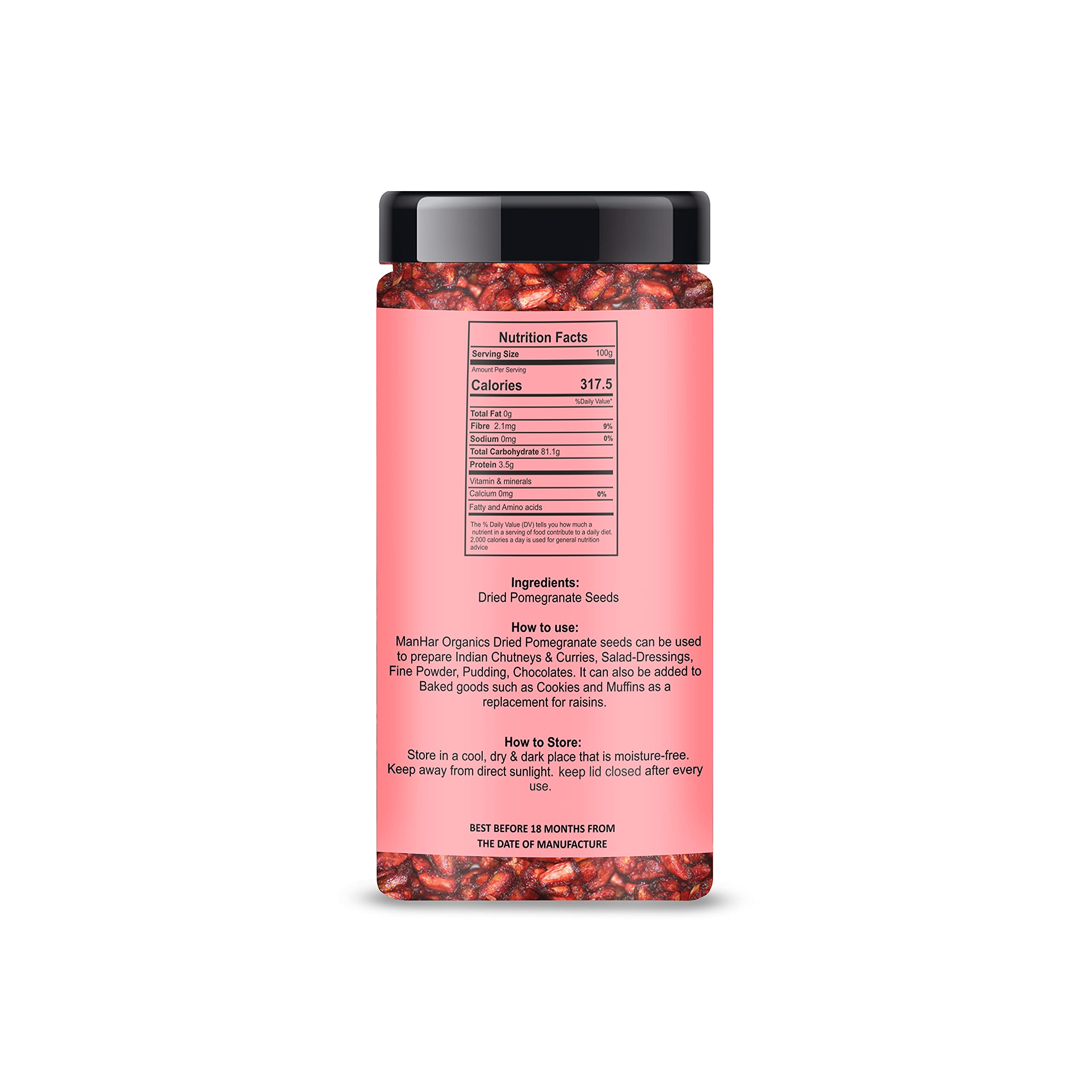 ManHar Organics Dried Pomegranate Seeds Jar 125g | Natural & Sun-Dried | Rich in Antioxidants & Fiber | Tangy & Flavorful | Anardana | Anar ke Beej for Cooking, Immunity Booster - Image 2 thumbnail
