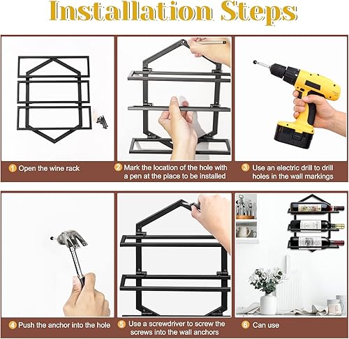 Miniatura 8 de Estante para copas de vino montado en la pared, soporte de metal para colgar copas de vino con capacidad para 3 botellas, almacenamiento elegante