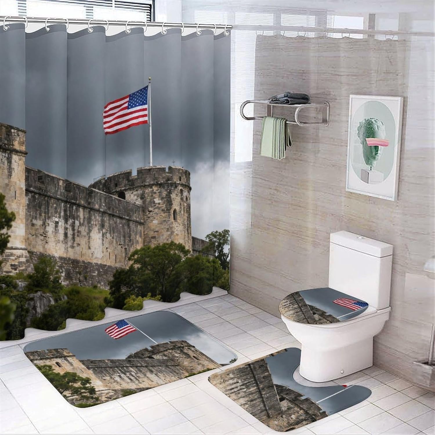 4 Piece Bathroom Rug Set with Shower Curtain, Non-Slip Bath Mat Toilet Cover Set, Barn Wall Flag Bathroom Rug Sets