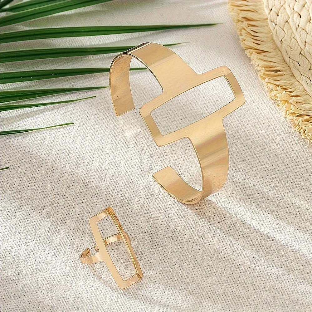 GIGB PBDK Chunky 14K Gold Ring Bracelet Set Punk Exaggerated Open Cuff Bracelets Geometric Simple Hollow Rectangle Ring Jewelry Set Presents for Women Wife - Image 7