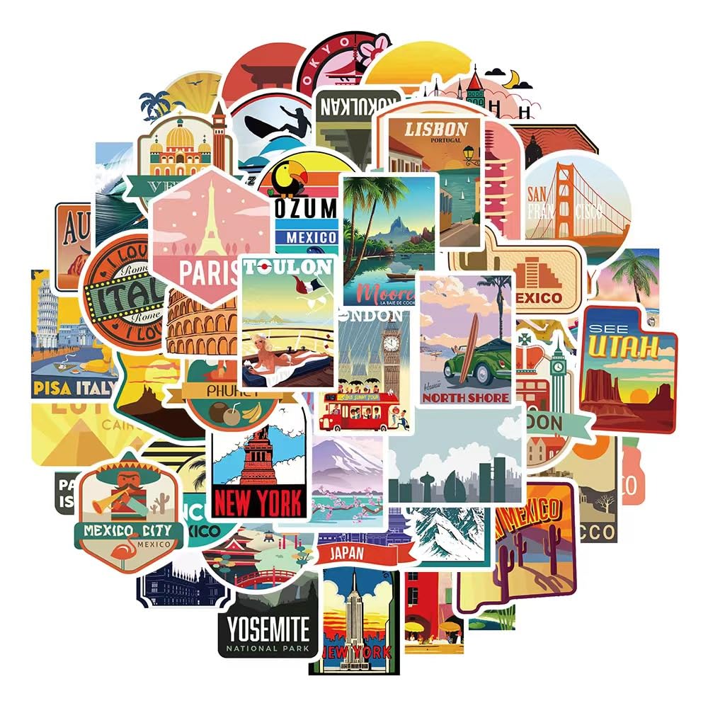 Generic 50 Pcs Attraction stickers Vinyl landscape stickers for Laptop, Phone, Water Bottle, Skateboard, Suitcase, Guitar, Pad, Aesthetic Waterprof Sticker for Adults Teens