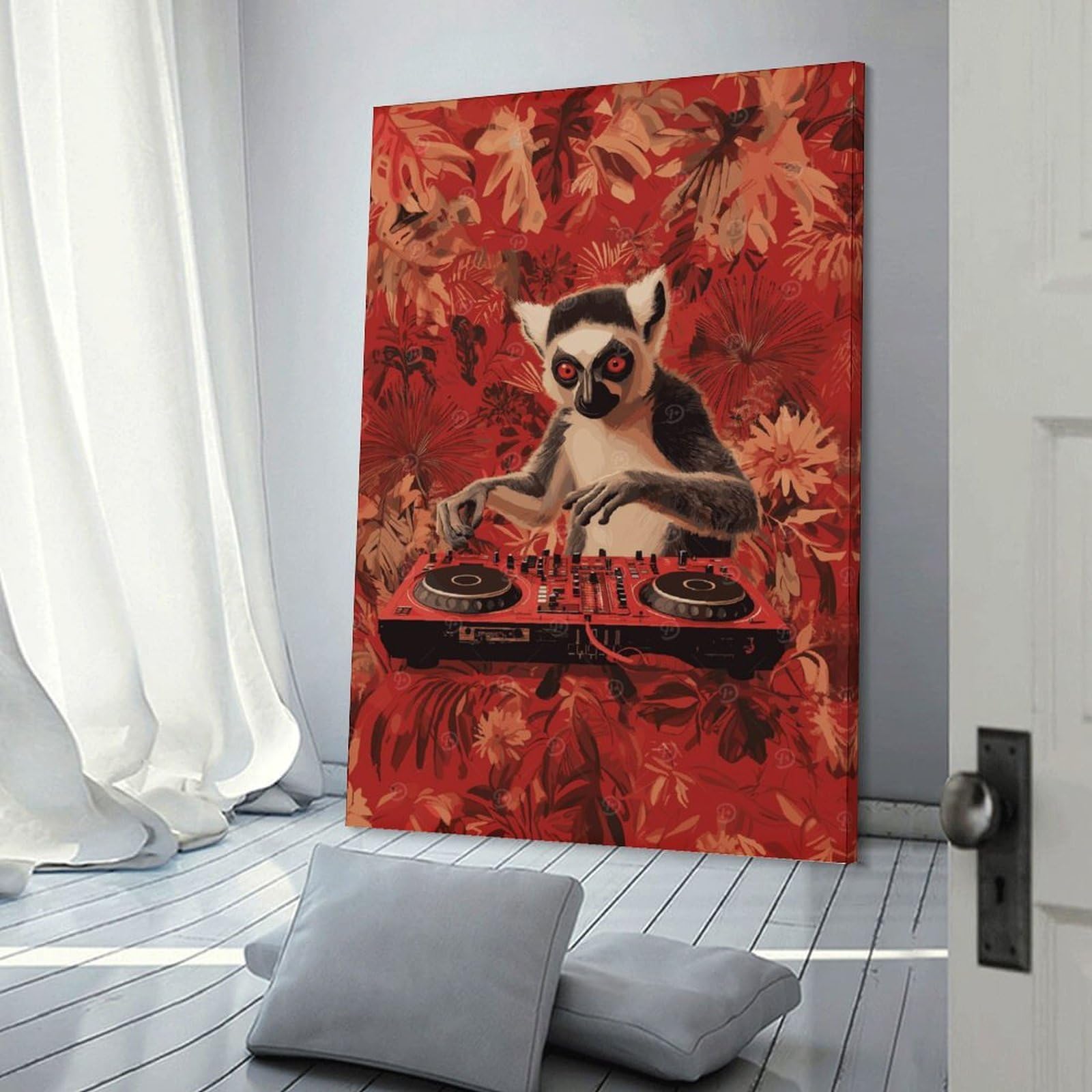 Junmoney Lemur DJ in Jungle Wall Decor Canvas Print, 20x30inch(50x75cm), for Wall Displays, Bedrooms Or Room Updates, Wall Decor Suited to Curated Displays