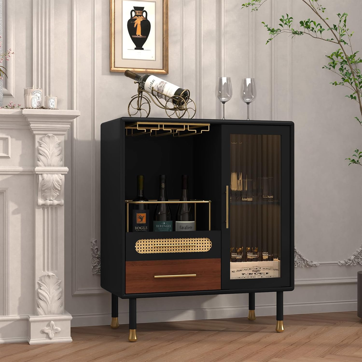 Close-up view of the pull-out wine bottle storage in the ARTPOWER cabinet.